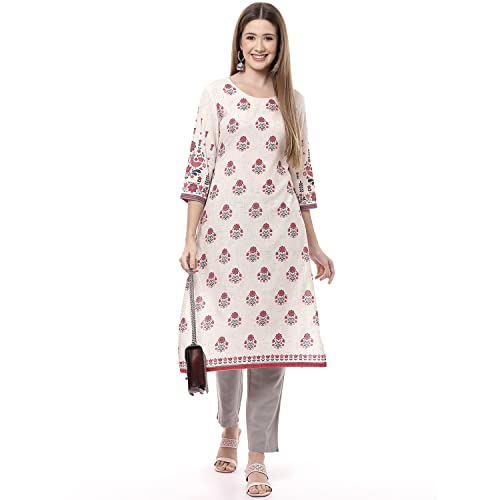 Image of Rangriti Off White Poly Cotton Straight Kurta for Women