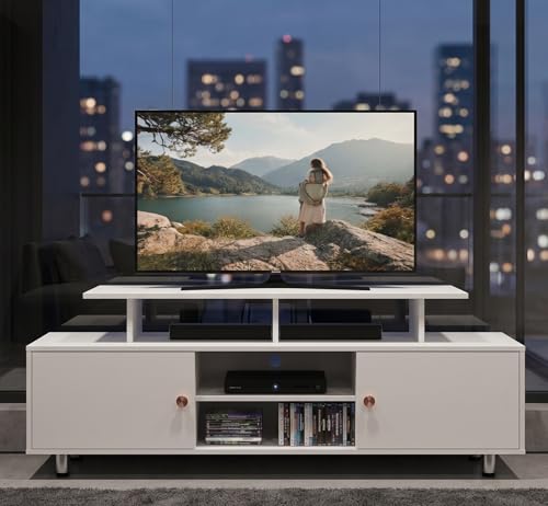 Image of Alpine Willow 6 feet TV Stand Wooden (DIY Assembly) | TV Stand Table for 32-75 Inch TVs | TV Unit for Living Room | TV Entertainment Unit | TV Cabinet with Storage -180x40x65 cm (Frosty White)
