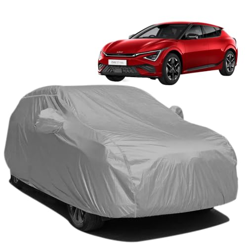 Image of BARBARIKA Waterproof Car Body Cover Compatible with Kia EV6 | Waterproof, UV Resistant, Dustproof, Mirror Pockets, with Belt & Buckle - (Grey)