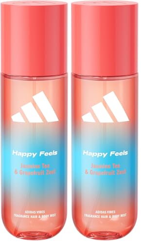 Spray corporal y capilar adidas Vibes Happy Feels para mujer, que mejora el estado de ánimo, con notas de té de jazmín y cáscara de pomelo, para cualquier ocasión, 236 ml (paquete de 2).