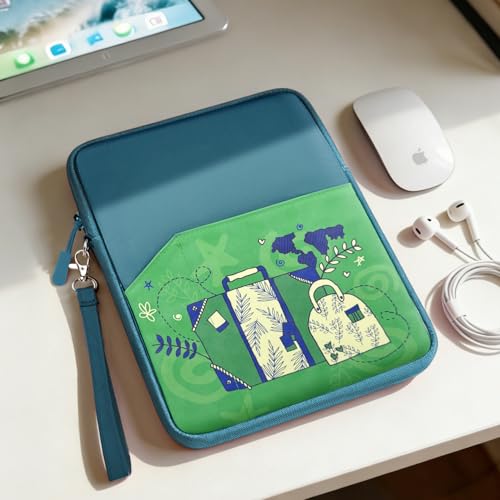 Image of MOCA Universal 7-8 Inch Tablet Sleeve Case, Polyester Protective Cover with Zipper and Wrist Strap, Compatible with Kindle, iPad mini, Samsung, Lenovo Tablets (Travel Icon, 7-8 inch)
