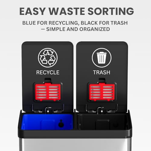 Image of iTouchless 16 Gallon Dual Step Trash Can and Recycle Bin with Lid, Stainless Steel Kitchen Garbage 2 Compartment Sorting, Odor Control Filter, AirNova Silent Close, Fingerprint-Proof, Matte Silver