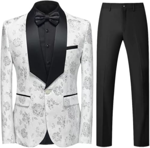 Classic Men’s 2 Piece Suit Set with Pants Formal Tuxedo for Business Weddings and Parties(White,XX-Large)