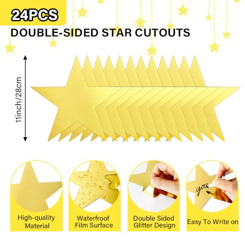 Image of 24PCS Gold Star Cutouts, 11 Inch Large Double Printed Paper Stars Cutouts, Cardboard Star Cutouts, Glitter Stars Decorations for Classroom Wall Movie Night Bulletin Board Party Supply