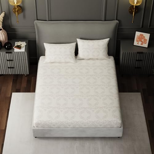 Image of BLISSHOME Everlast 150TC King Size Fitted Bedsheet with 2 Pillow Covers, Aesthetic Bedding, Wrinkle Resistant, 100+ Wash Durable, Quick Dry, Elegant Ornate Pattern - Brown (183cm x 198cm + 25cm Drop)