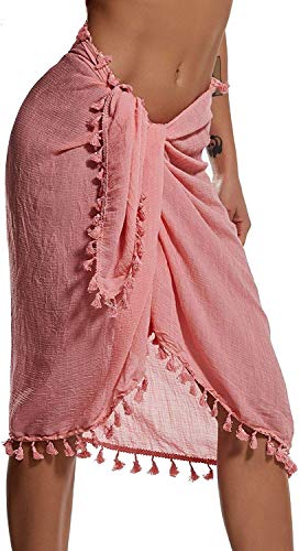 Vestidos Verano Mujer de Playa Semi-Transparente Ropa de Baño Bañador de Gasa Falda Corta con Borlas Rosa