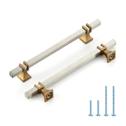 10 Pack 6-1/4 inch Brushed Nickel&Gold Cabinet Handles Square Zinc-Alloy Pulls for Kitchen Dresser Closet and Bathroom Cabinets Hardware