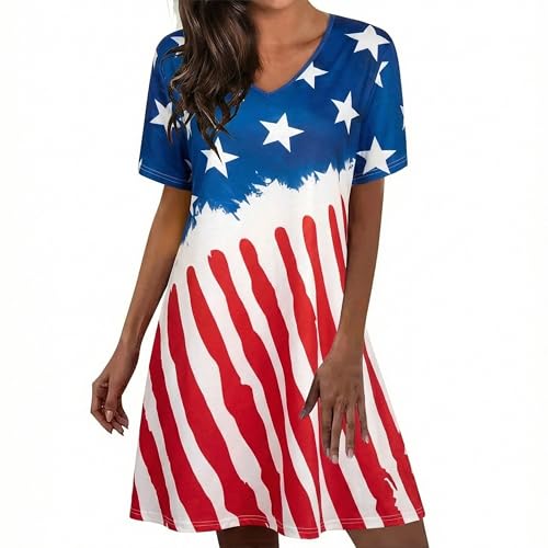 Image of LUKYCILD American Flag Dress Women 4th of July Patriotic Shirt USA Stars Stripes Dresses Sexy V- Neck Summer Sundress