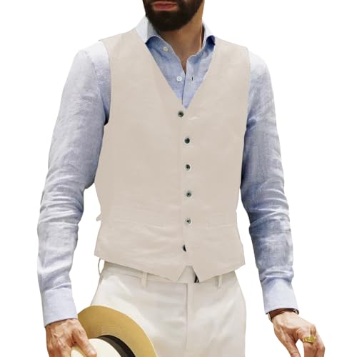 Men's Summer Linen Vest Slim Fit Waistcoat Formal Dress Suit Vests Casual Business Vest