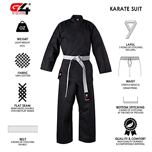 G4 Karate Suit Gi Aikido Training Adult Student Karate Suits Gi Uniform Club & Free Belt Black White 170Cm 180 Cm 190Cm 200 Cm (Black, 4/170) #TOP2