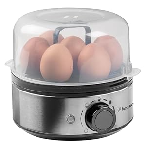 Bestron Eierkocher für 7 Eier, mit akustischen Signalton & Trockenlaufschutz, stufenlose Härtegradeinstellung für drei Stufen, inkl. Messbecher & Eierstecher, Farbe: Silber