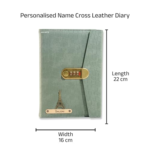 Image of AICA Personalized Name & Charm Lock Leather Diary A5-230 Pages with Locked Password Combination | Customized Daily Journal Notes Gift for Men Women Corporates Boss Staff Manager Colleagues (MintGreen)