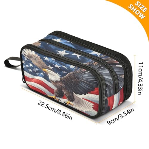 Image of ALAZA Bald Eagle American Flag Pencil Case Large Capacity Pencil Pouch Box Boys Girls School Supplies Pen Case Bag with Handle 3 Compartments Zipper