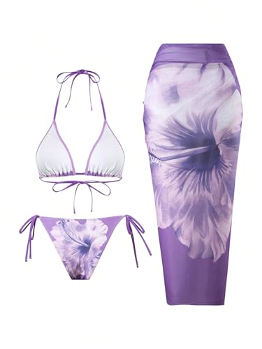 Image of ZAFUL Women's 3 Piece Swimsuit Floral Halter Triangle String Bikini Tie Side Bottom with Boho Cover Up Skirt