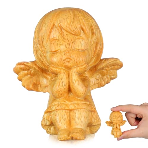 Petite Figurine d'ange en Bois Sculpté à la Main - Statue d'ange Gardien Miniature, Sculpture d'art en Bois de Santal d'or, Symbole de Bénédiction et...