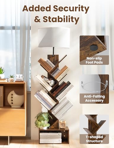 6 Tier Tree Bookshelf with Light, Corner Tall Narrow Bookshelf, Small Bookcase with Storage Cabinet,Floor Standing Bookshelves Organizer for Bedroom/Living Room/Home Office, Rustic Brown - Image 5