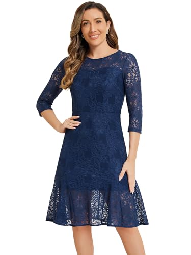 Image of Allegra K Women Elegant Lace Ruffles 3 /4 Sleeves Bodycon Fishtail Dress | Slightly stretchy. Invisible zipper. Floral ruffled hem. Cocktail, Evening, Party, Date. Feminine charm.
