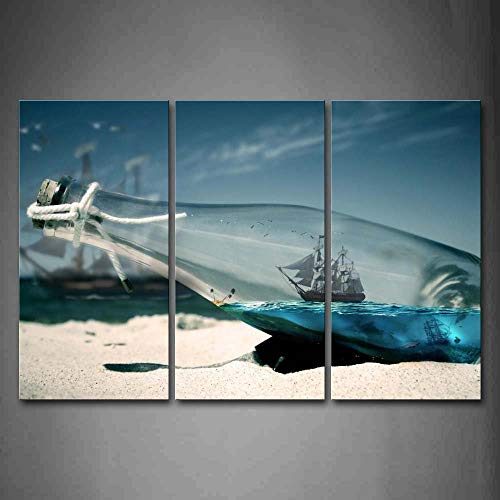 Art mural modulaire 3 pièces plage et bouteille pour salon