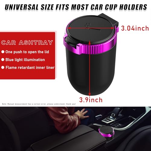 Image of Dickno Car Ashtray with Lid, Detachable Stainless Smokeless Auto Ashtray, Portable Mini Vehicle Trash Can with LED Blue Light, Universal Interior Accessories for Cup Holder (Purple)