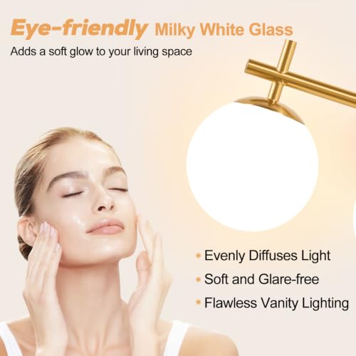 Image of 3-Light Bathroom Light Fixtures, Brushed Gold Vanity Lights for Bathroom with Milky White Glass Globe Shade, 19.3 inch Bathroom Lighting Fixtures Over Mirror, Wall Sconce for Bedroom(Bulb Not Included