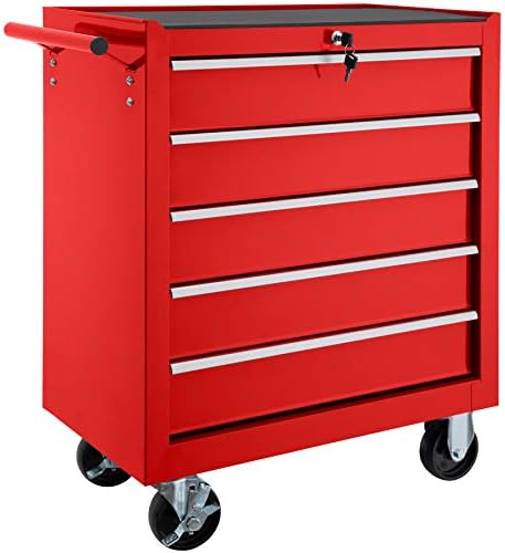 TecTake® Carrello Portautensili in acciaio con 5 Cassetti richiudibili, Mobile con Rotelle, Carrello Porta Attrezzi, Porta Utensili da Lavoro, Carrello con Ruote Portatutto - Rosso