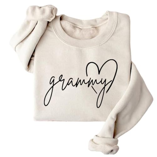 PUDHYOPZE Grammy Fleece Sweater Womens Long Sleeve Heart Graphic Sweatshirt Crew Neck Funny Grandma Life Pullover Top Beige