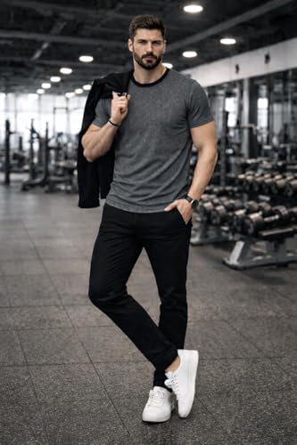 Image of Men's Solid Gym T-Shirt | Slim Fit Gym & Training Tee | Breathable Stretch Fabric | Round Neck Sports Wear for Workout