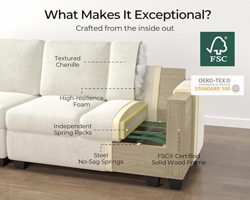 Image of 169.7'' Oversized Modular Sofa Set Cloud Couch with Versatile Console, Side Table with Charging Storage Cup Holder, Hardware Connected, U-Shaped 8-Seater Sectional Couch, Chenille, White