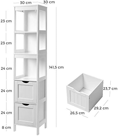 VASAGLE Bathroom Tall Cabinet, Floor Storage Cupboard, with 2 Drawers and 3 Open Shelves, 30 x 30 x 141.5 cm, for Bathroom, Living Room, Kitchen, White BBC66WT