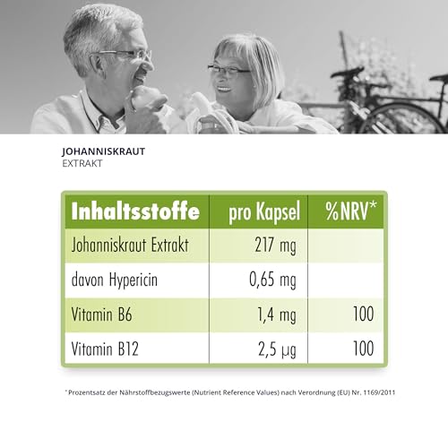 Johanniskraut Kapseln optimal dosiert mit natürlichem Hypericin - 120 Stk. - veganer Extrakt mit Vitamin B6 & B12 - St. John’s Wort Extract aus Hypericum perforatum L.