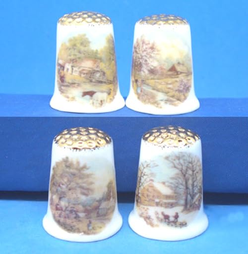 Porcelain China Collectable - Set of Four Thimbles - Four Seasons of The Year Gold Top
