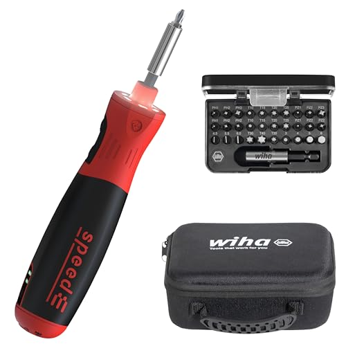 Wiha elektrischer Schraubendreher speedE PocketDrive 31-tlg. I mit Bit-Set in Box und Tasche I 1,0 Nm + 5,0 Nm I Akkuschrauber in Aufbewahrungsbox mit USB-Ladekabel (45791)