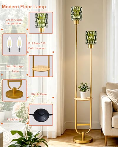 Image of Lightdot 2-Lights Modern Glass Floor Lamp with Shelf Gold Standing Tall Lamps with Green Glass Shade for Wedding /Party,LED Floor Lamp with Foot Switch for Living Room Bedroom Home Decor