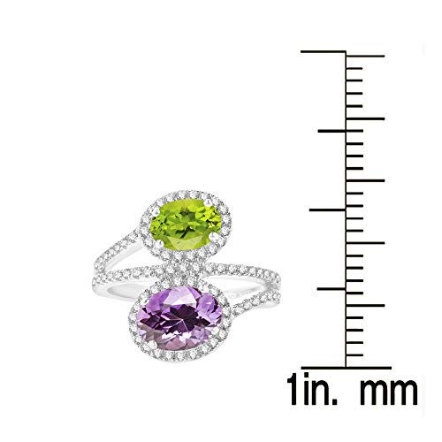 925 Sterling Silver with 3.50 CTTW Natural Peridot, Amethyst and White Topaz Two Stone Bypass Style Engagement Wedding Ring for Women's3