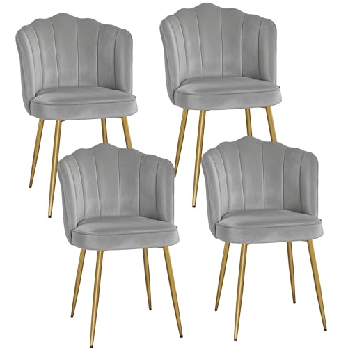 VECELO Velvet Dining Chairs Set of 4, Modern Upholstered Kitchen Chairs with Thick Cushions, Curved Padded Backrest and Metal Legs, for Kitchen, Dining Room, Living Room, Light Gray by VECELO - Used condition - US$237.81