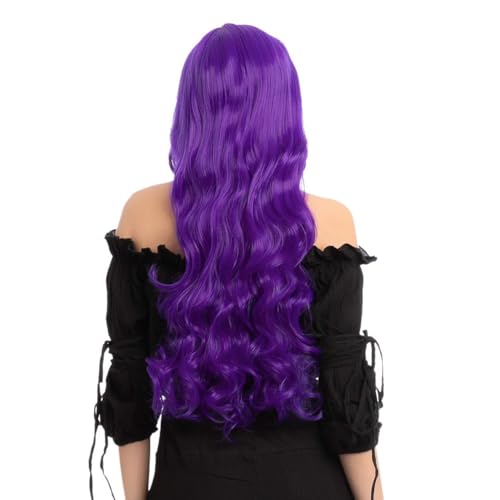 Porsmeer Halloween Witch Wig – Long Purple Wavy Hair Wig For Women, Girls – Black Witch Hat Included thumb #4