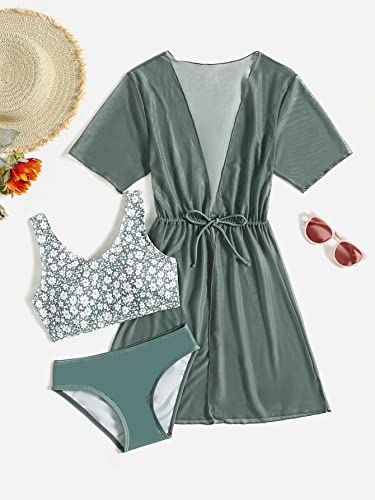 OYOANGLE Girl's 3 Piece Floral Bikini Set Swimwear Bathing Suit Swimsuit and Kimono3