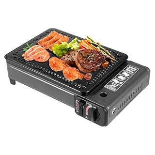 MINRS Campingkocher, Gasgrill, Gaskocher Camping, Tragbare Grills, mit Grillnetz & Backblech & Pinsel & Lebensmittelklammer & Rahmen & Ölwanne für Camping, Reisen, Trekking und Kochen im Freien