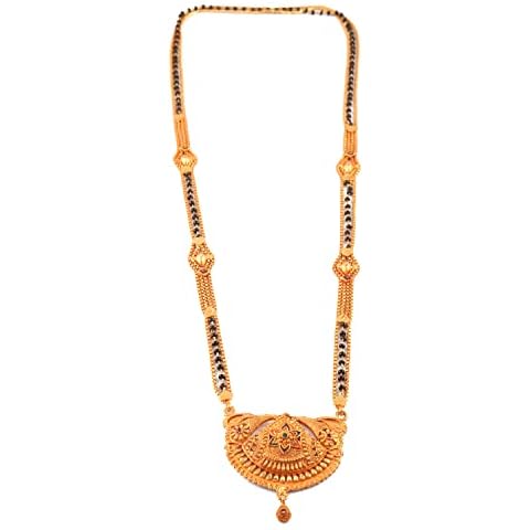 JewarHaat Mangalsutra Indian Handmade Meena Work Geru Gold Plated Pendant Tanmaniya Nallapusalu Black Beads Bollywood Faux Jewelry for Women, M, Brass, No Gemstone Cover