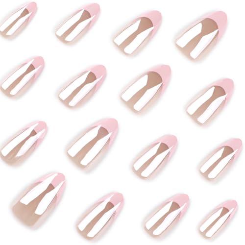 Image of Secret Lives Coated Glitter French Pink Almond Press-On Nails - Elegant Wearable False Nail Tips, 24-Piece Set with Kit