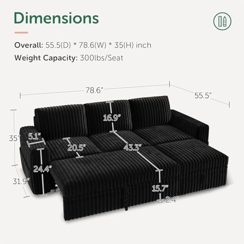 Image of HONBAY Modular Sectional Sofa with Pull Out Bed,Corduroy L Shaped Sleeper Sofa with Storage, Sectional Couches for Living Room,Black