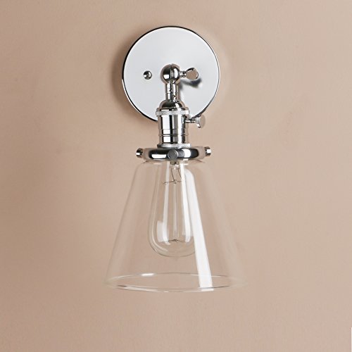 Image of PERMO Industrial Wall Sconce Lighting with On /Off Switch Funnel Flared Clear Glass Hand Blown Shade (Chrome)