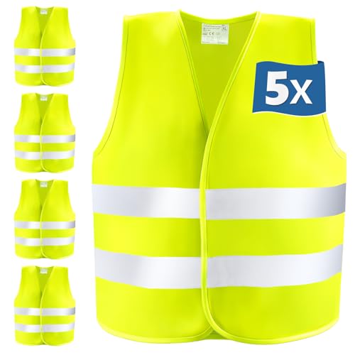 YOMKILU 5 Piezas Chaleco Reflectante Homologado, Auto Chalecos Reflectantes Adulto, Chaleco de Seguridad de Alta Visibilidad para Conductor, Limpiadores, Trabajadores, Certificado EN ISO 20471