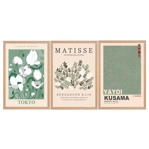 LOZULO Lienzo de flores para decoración de dormitorio, sala de estar, 3 impresiones artísticas de pared verdes de 50 x 70 pulgadas, imágenes artísticas de pared sin marco, póster estético de Matisse,