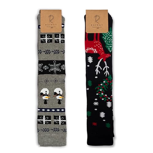 Image of RAFRAY Women's Christmas Socks - Cozy Calf-Length Winter Socks with Snowman & Reindeer - Gift Box - 2 Pairs - Size 5-9.5