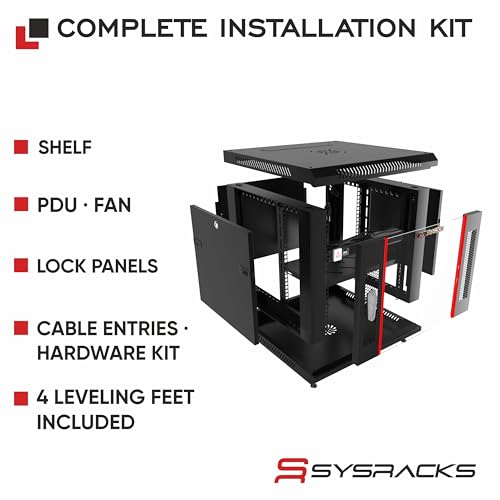 Image of 9U Wall Mount Server Rack Cabinet 24 inch Deep, 19 inch Network & AV Enclosure for Home Lab with Fan, PDU, 1 Shelf, Locking Glass Door