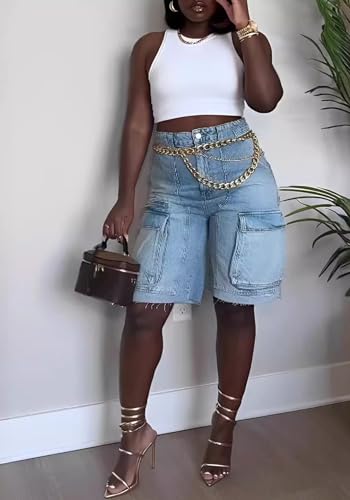 LKOUS Women's Cargo Denim Shorts, Y2K High Waisted Straight Wide Leg Jeans Pants with Pocket3