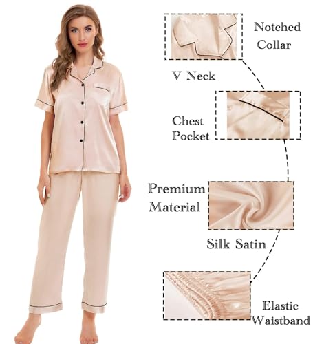 Image of SWOMOG Women Satin Pajamas Set Short Sleeve Top & Pants Sleepwear Silky Button Down Nightwear 2pcs Loungewear Pjs Set