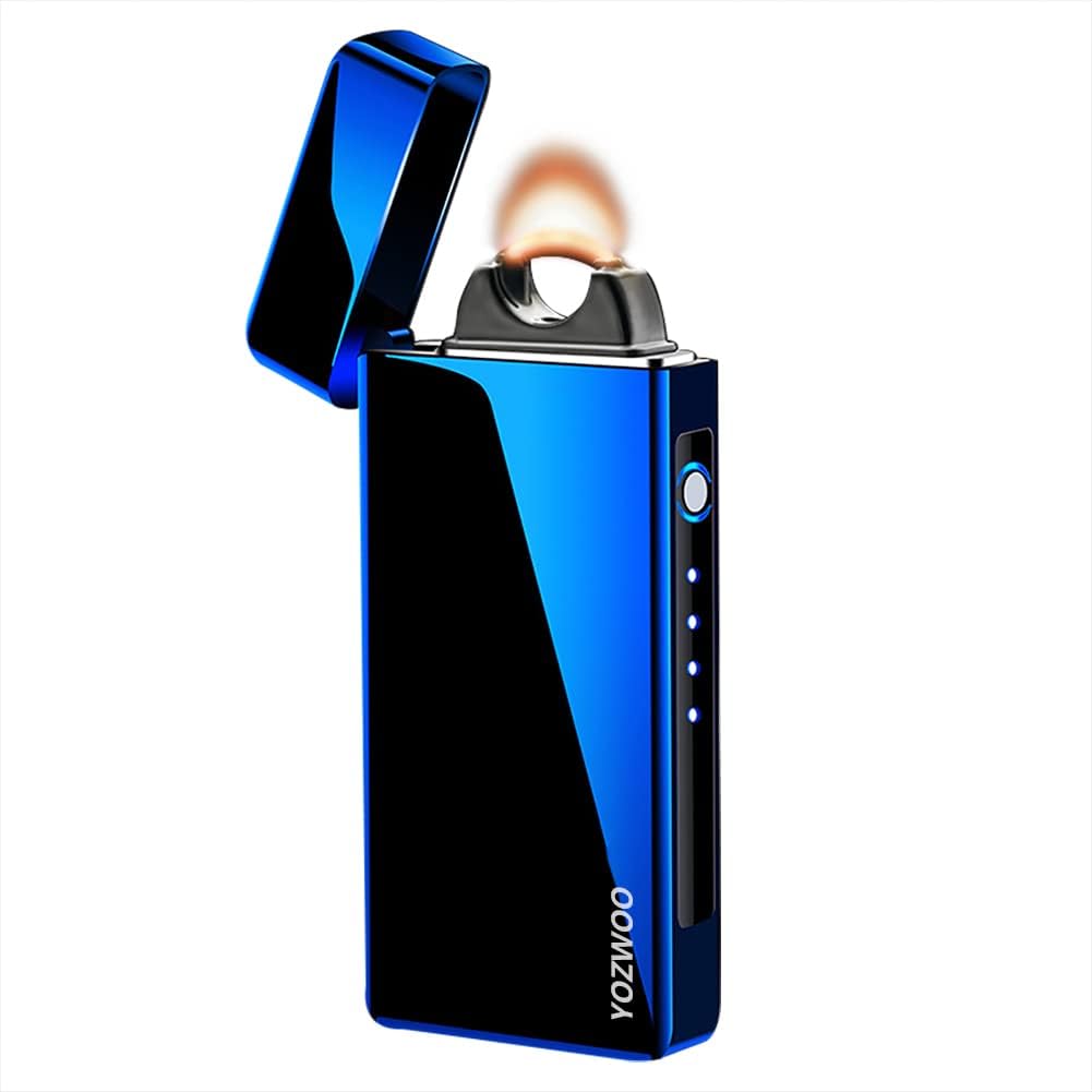 YOZWOO Briquet électrique à arc rechargeable, coupe-vent, USB avec indicateur de batterie LED, pour camping, barbecue, bougie (bleu ustre)