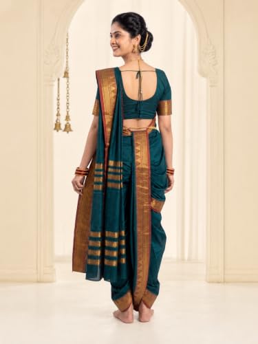Image of Mom and Me Women Ready to Wear Nauvari Saree, Maharashtrian Peshwai Paithani, 9 Yard Readymade, Acrylic Cotton, Free Size, Traditional Ethnic Saree, with Blouse Piece